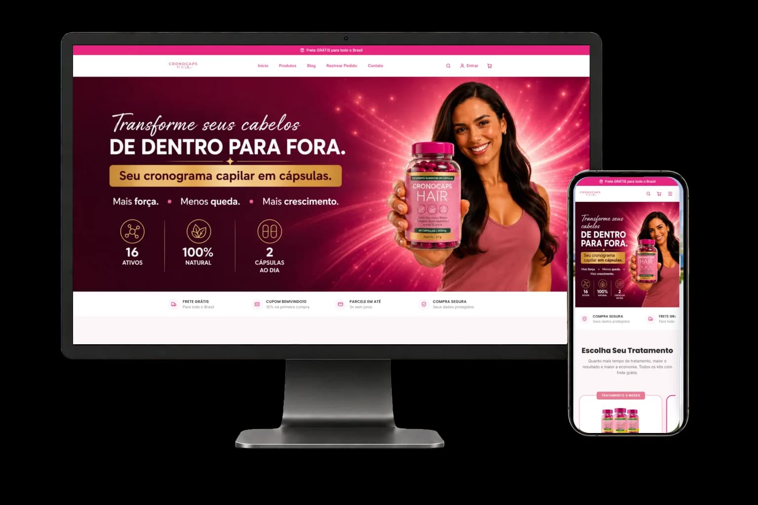 Site da Cronocaps Hair em monitor e celular