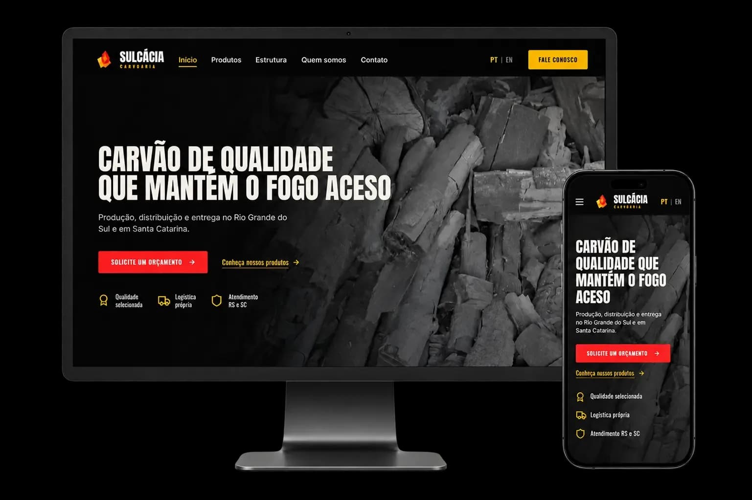 Site da Sulcácia Carvoaria em monitor e celular